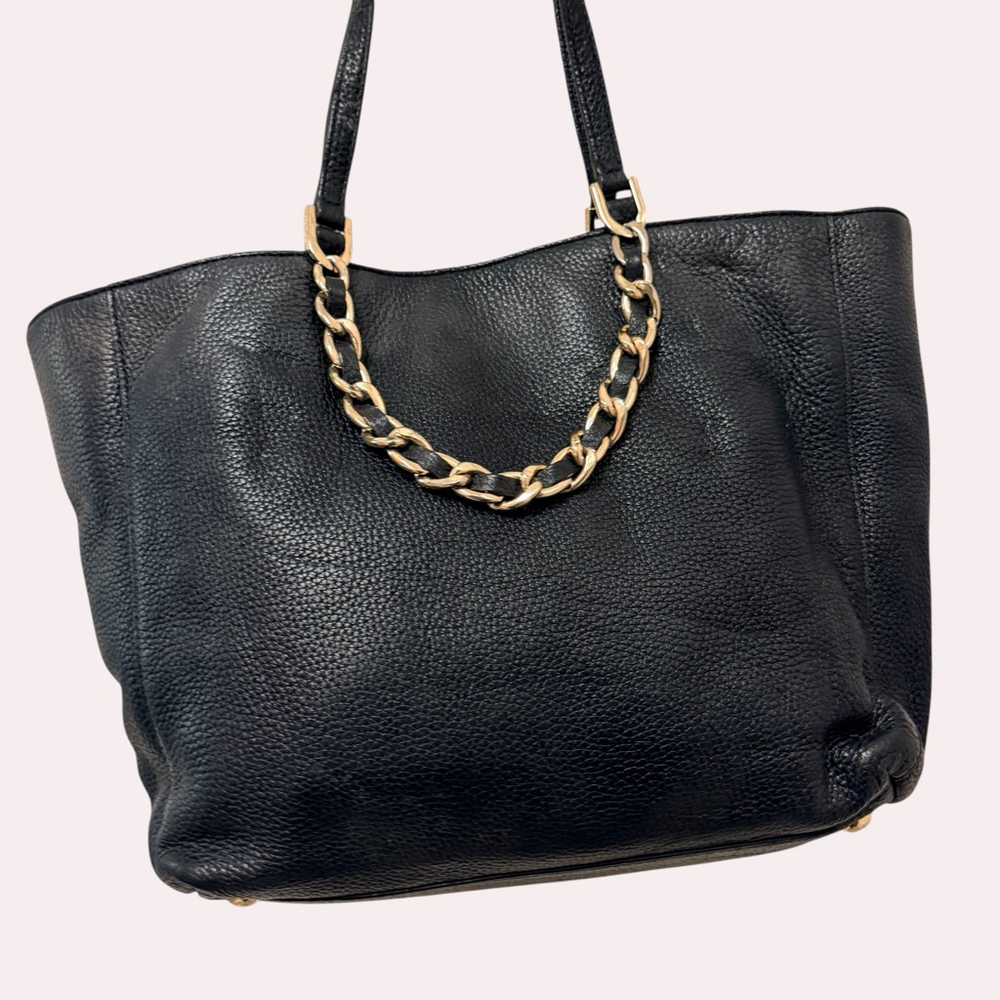Michael Kors Black Pebbled Leather Chain Tote Gold Large Bag - Picture 2 of 16